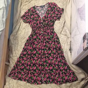 Modcloth Raspberry Floral Faux-Button-Down Smocked-Waist Dress